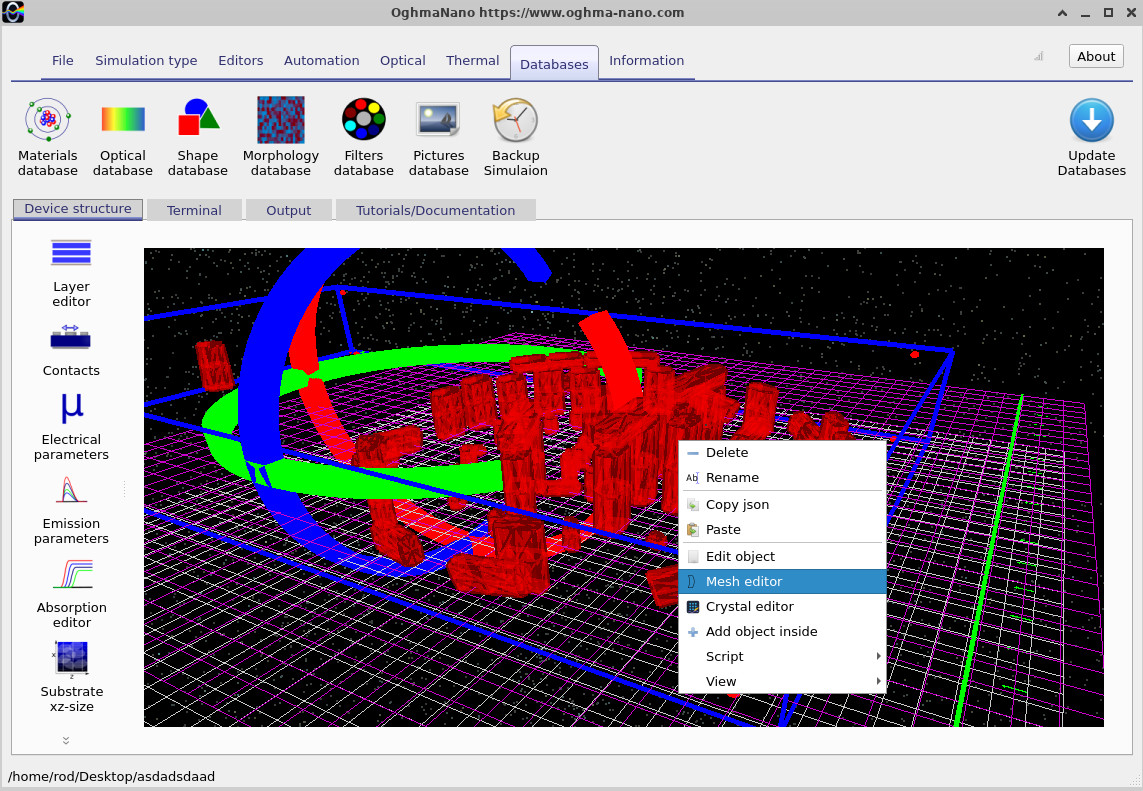 Object context menu in OghmaNano's three-dimensional view