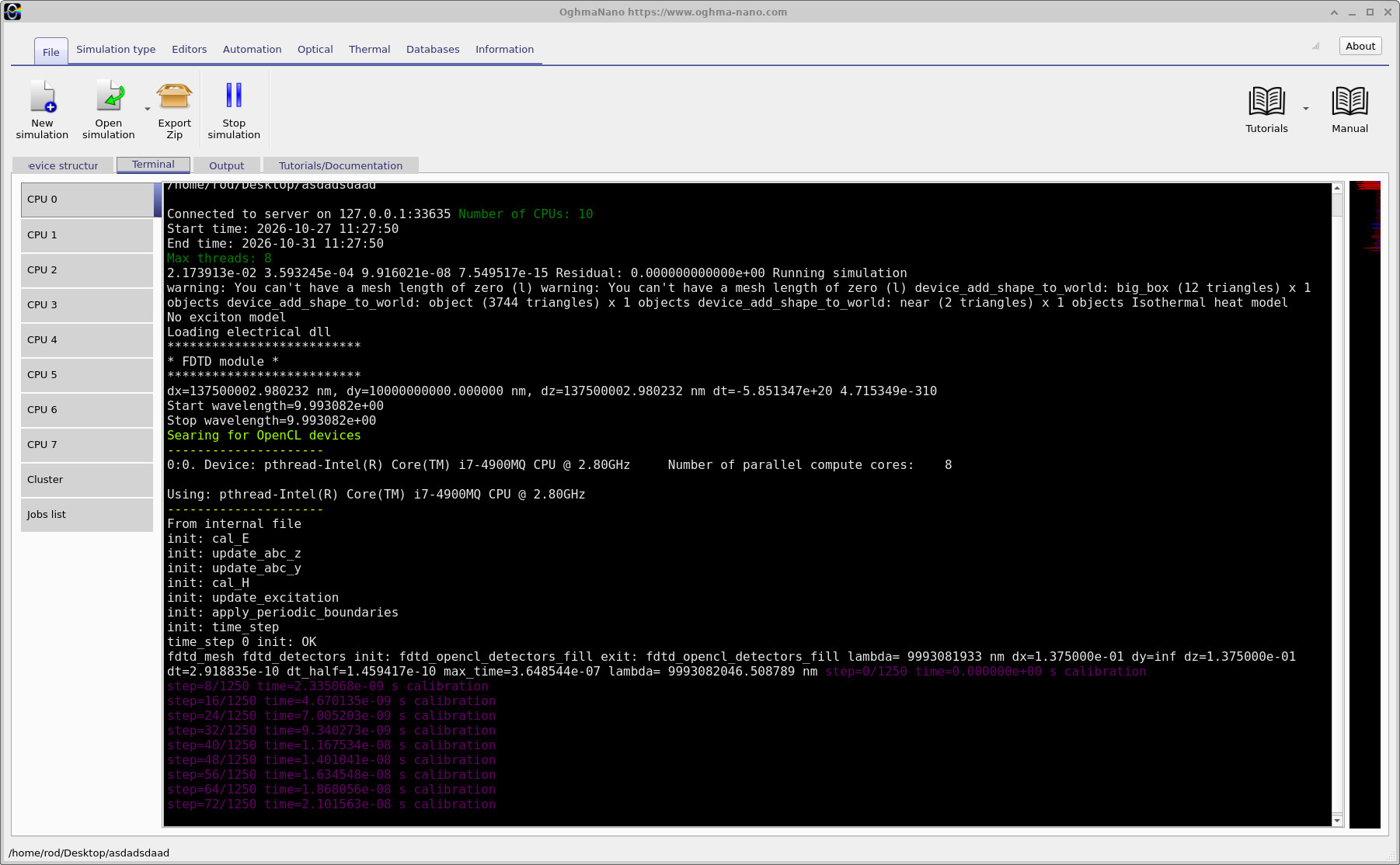 RF simulation in OghmaNano showing solver log messages during the start of the calculation