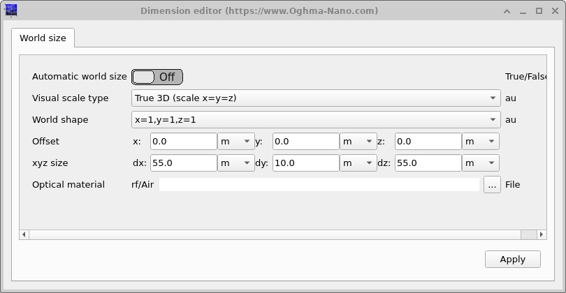 Simulation size dialog used to specify RF computational domain dimensions and mesh settings