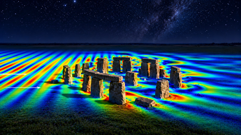 OghmaNano three-dimensional Stonehenge simulation geometry shown in red within the RF simulation domain