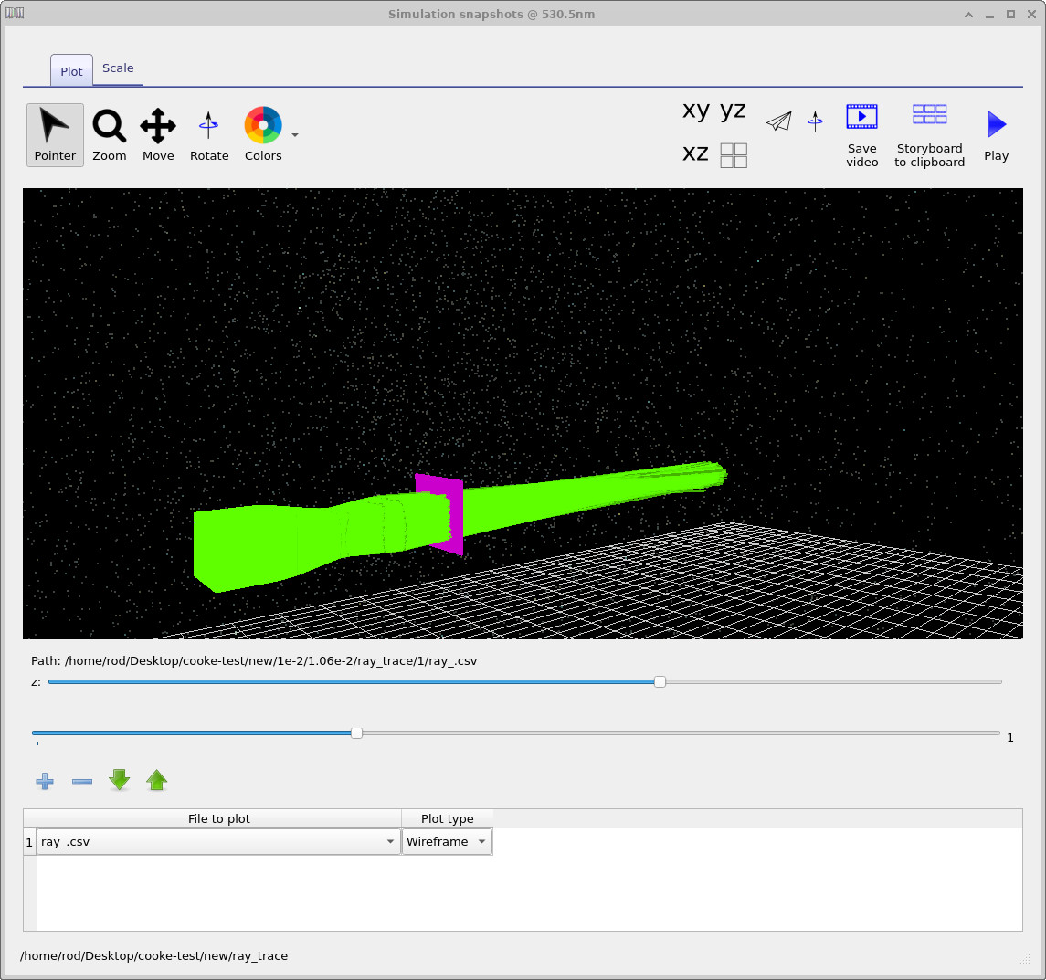 Ray-trace viewer showing the same scan at a different wavelength range