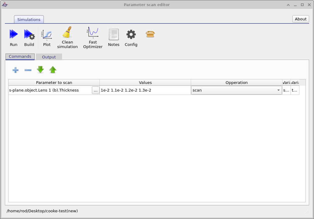 Parameter scan editor showing scan variables and values