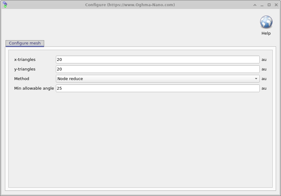 Configure mesh window showing x-triangles, y-triangles, method and minimum allowable angle.
