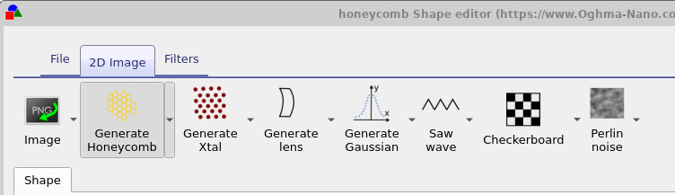 2D 图像功能区，显示用于图像、生成蜂窝、生成晶体、生成透镜、生成高斯、锯齿波、棋盘格和 Perlin 噪声的按钮。