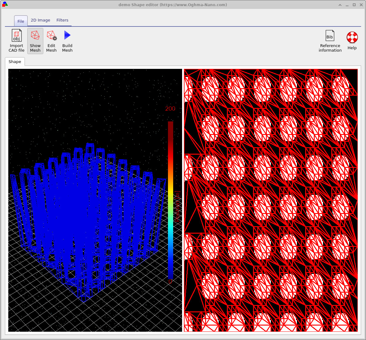 Shape editor after increasing mesh resolution, showing a smoother pillar array.