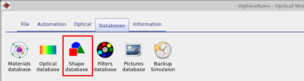 OghmaNano Databases ribbon with the Shape database button highlighted.