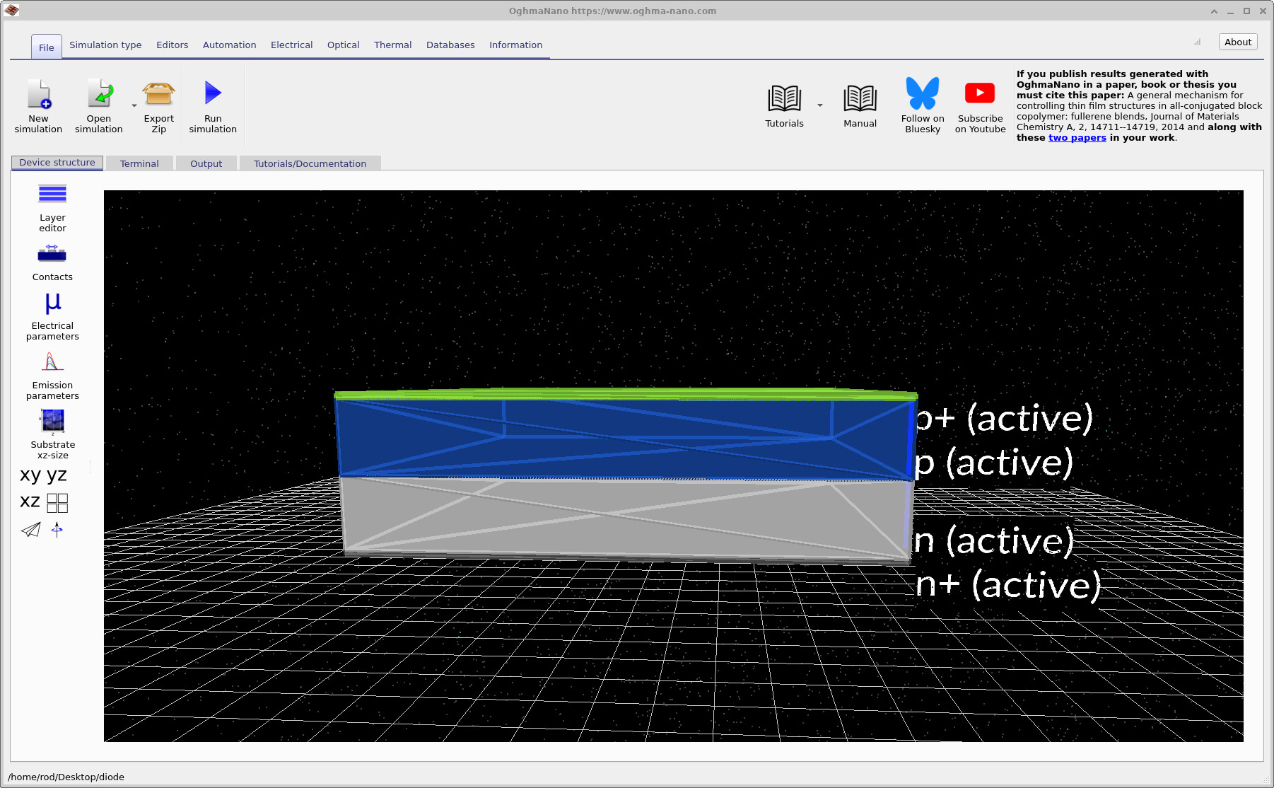 Main OghmaNano window showing a 3D view of the silicon PN junction device structure