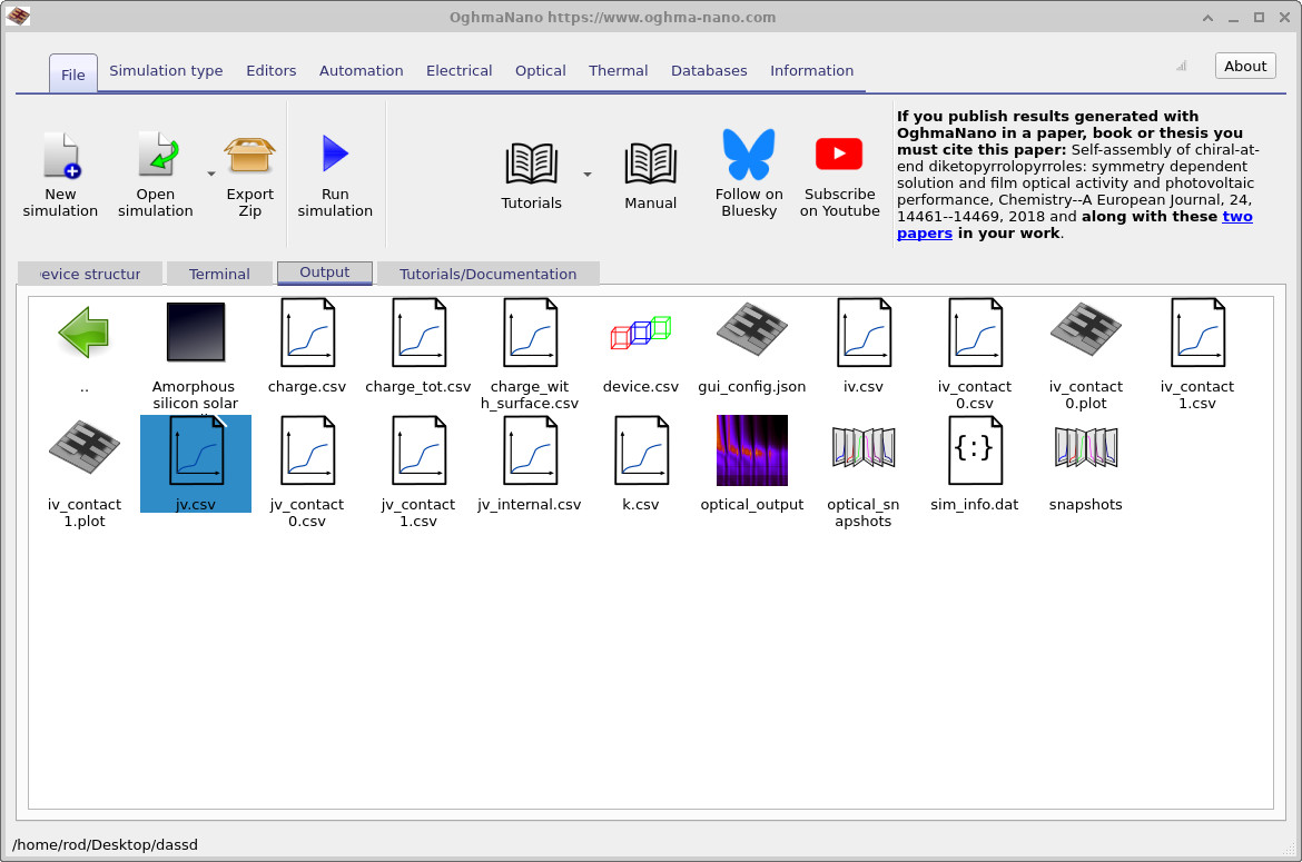 Output tab showing simulation result files including jv.csv