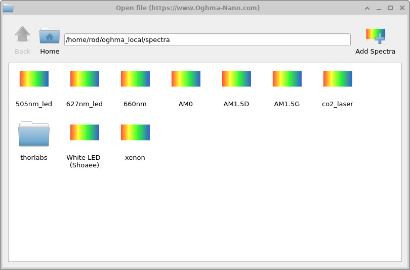 Optical database window showing available spectra including AM0, AM1.5G, and LED sources.
