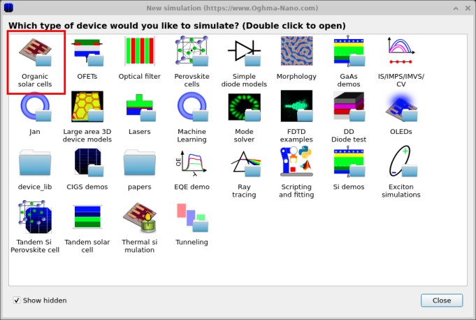 New simulation window with the Organic solar cell example highlighted.