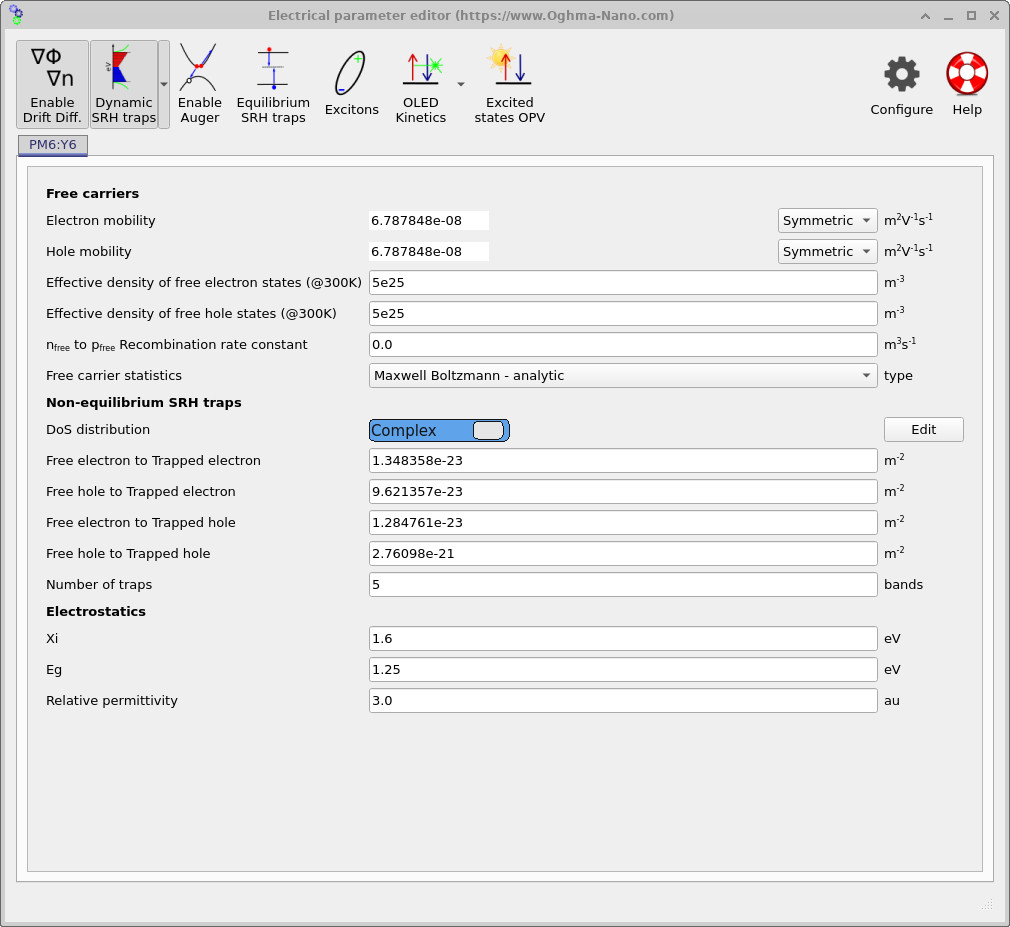OghmaNano electrical parameter editor with complex trap density-of-states mode enabled and an Edit button available for opening the complex DOS editor.