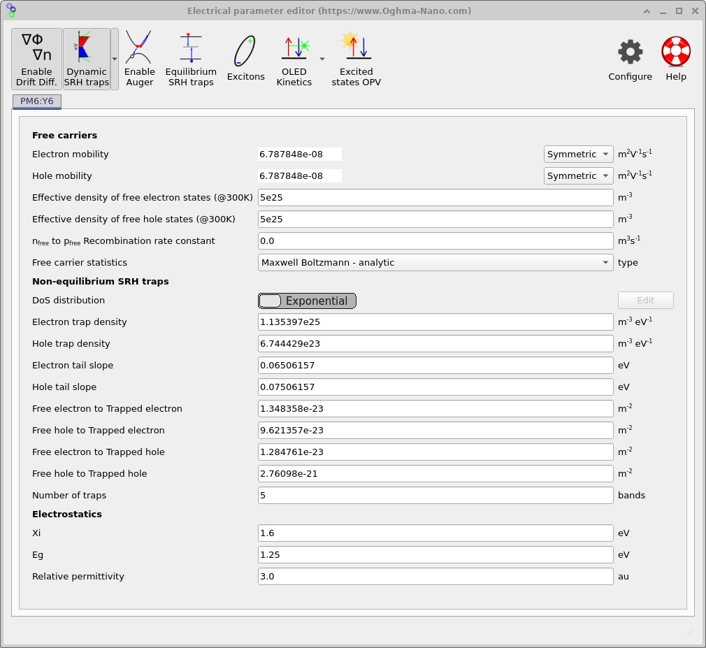OghmaNano electrical parameter editor showing free carrier parameters and non-equilibrium SRH trap parameters for an exponential trap density of states.
