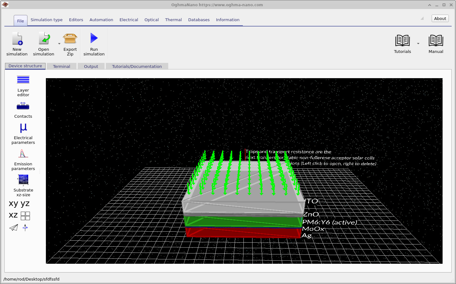 Main OghmaNano window showing a PM6:Y6 organic solar cell device stack with ITO, ZnO, PM6:Y6 active layer, MoOx and Ag layers.