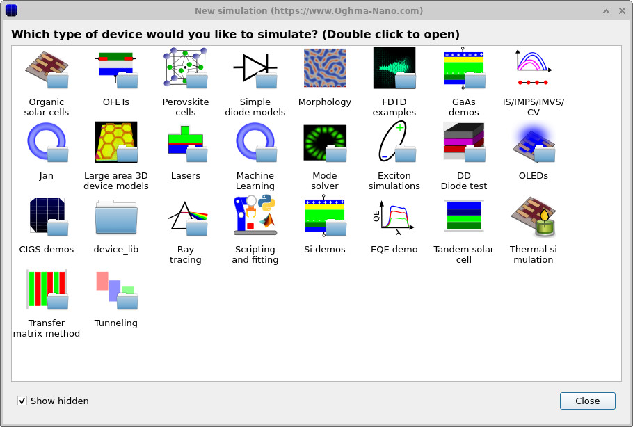 OghmaNano new simulation window showing available device categories including organic solar cells, OFETs, perovskites, OLEDs, diode models and optical simulation examples.