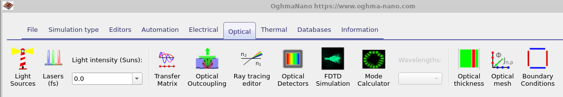 OghmaNano optical ribbon showing the light intensity control used to switch between illuminated and dark simulations.