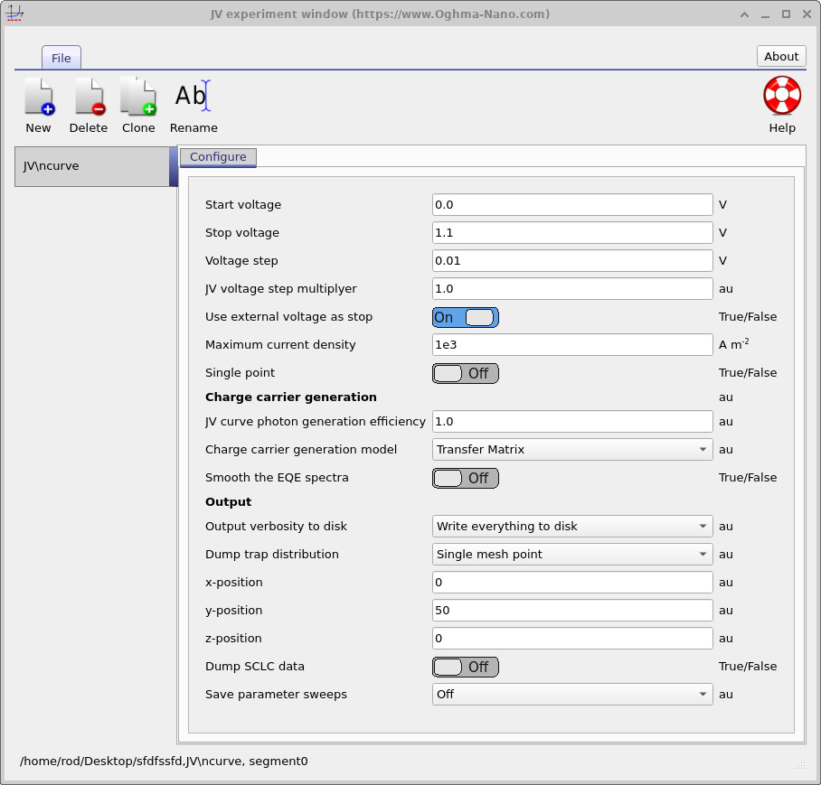 OghmaNano JV editor configured to dump the trap distribution at a single mesh point with y-position set to 50.