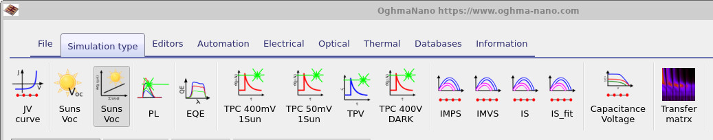 OghmaNano simulation type ribbon showing the Suns Voc simulation option selected for running open-circuit voltage as a function of light intensity.