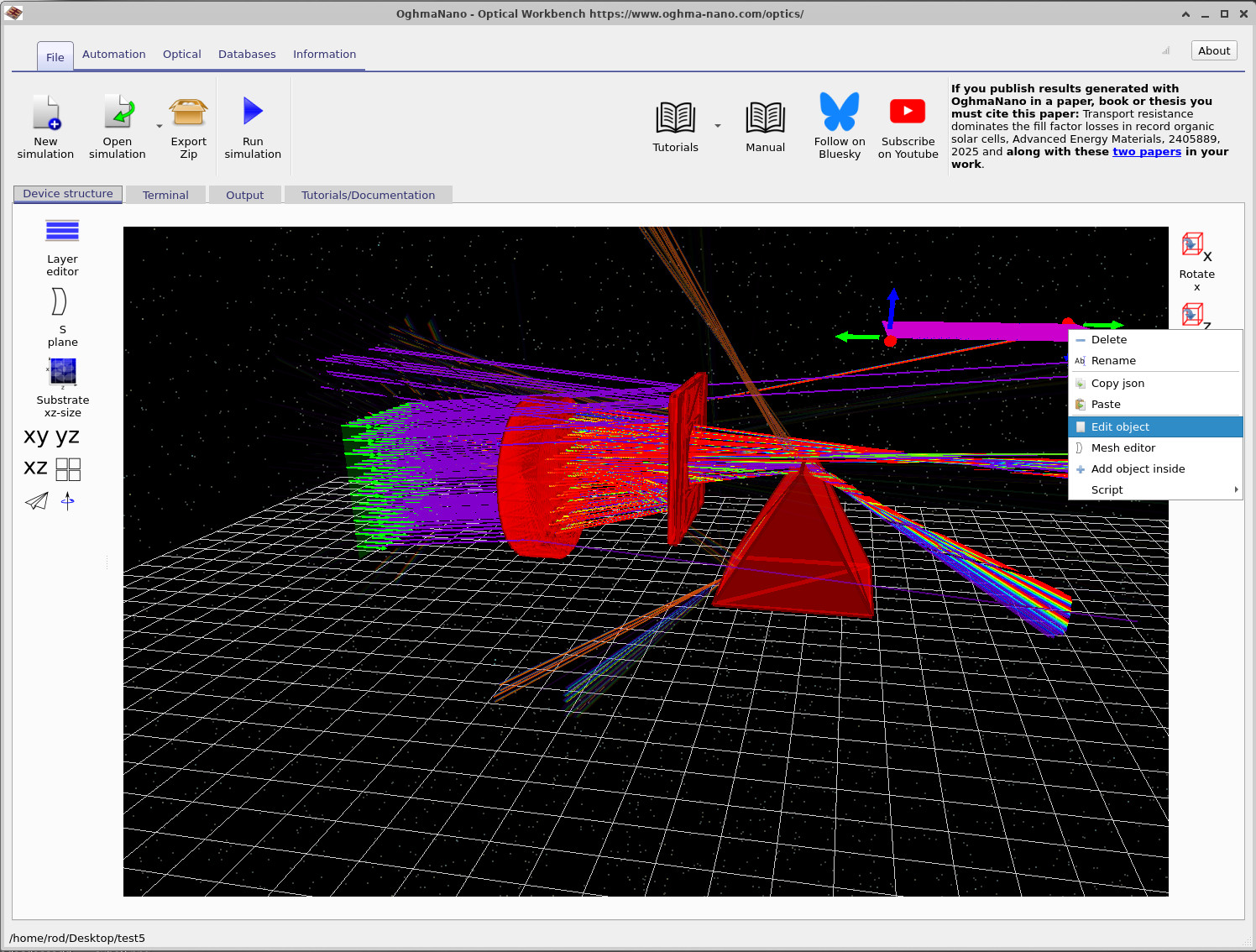 Optical Workbench view with right-click menu open on the detector and Edit object highlighted