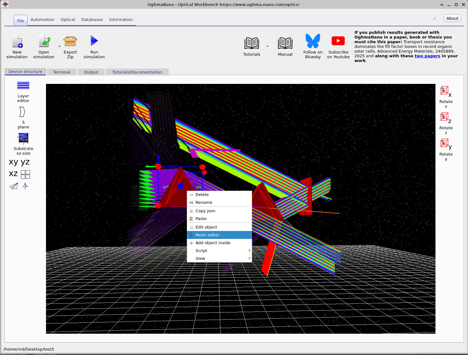 Optical Workbench scene with right-click context menu on the prism, highlighting Mesh editor