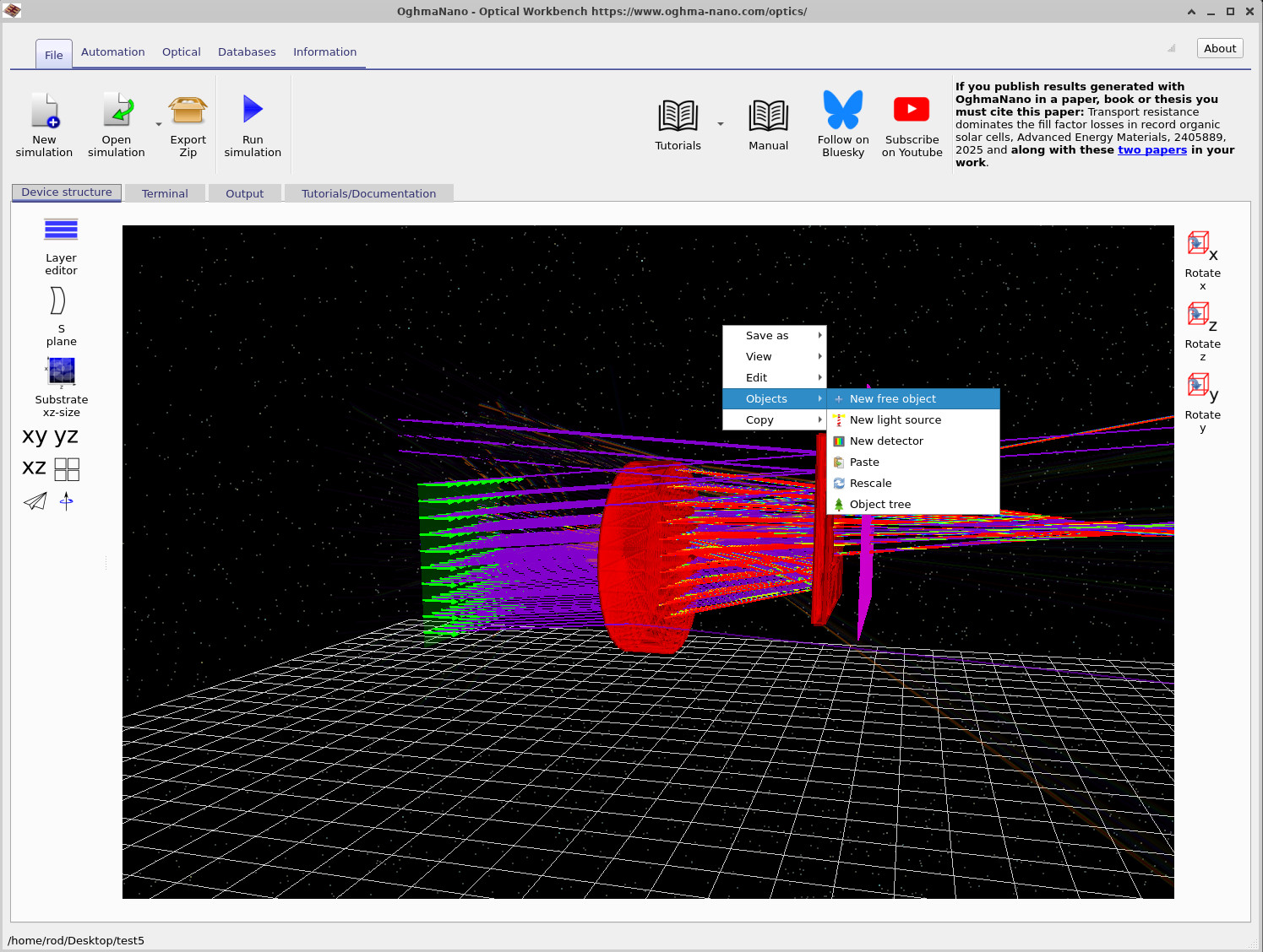 Right-click menu on the floor grid showing Objects → New free object