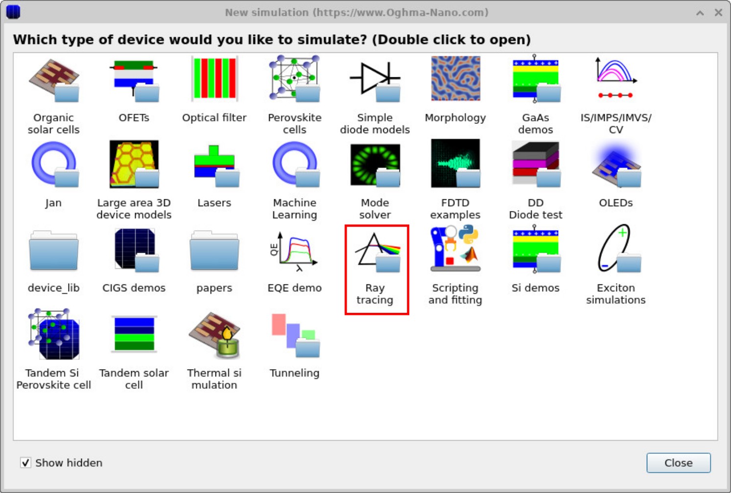 OghmaNano new simulation window with the Ray tracing examples folder highlighted