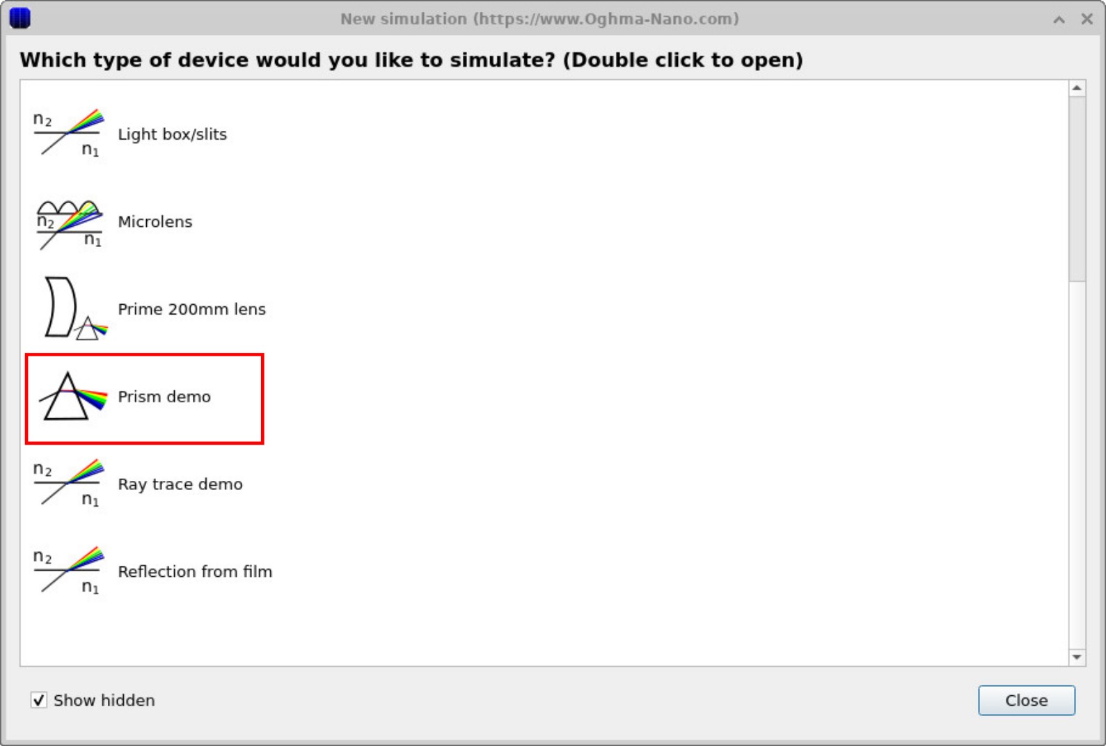 Ray-tracing examples window with the Prism demo highlighted