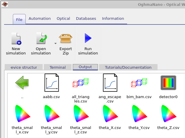 Output tab showing the detector0 folder and other ray-tracing result files