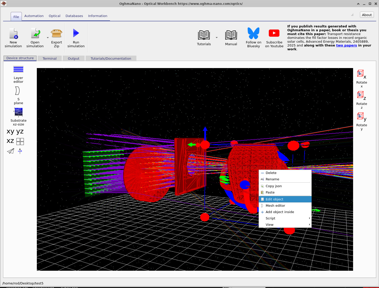 Optical Workbench view with the teapot selected and the Edit object menu item highlighted