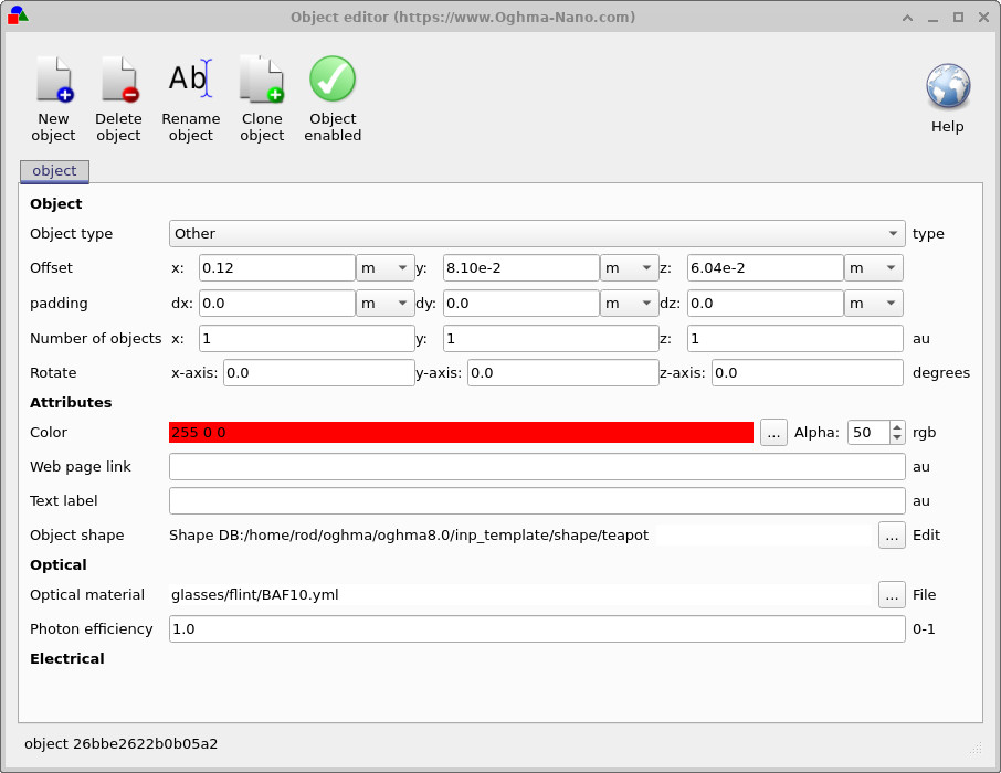 Object editor window for the teapot, showing the Optical material field with glasses/flint/BAF10.yml