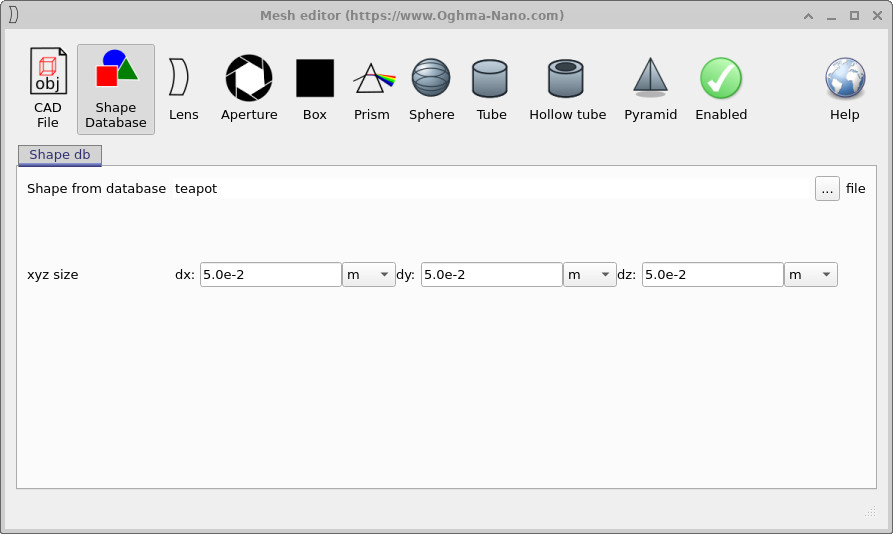 Mesh editor showing the teapot shape with dx, dy, dz set to 5.0e-2 m