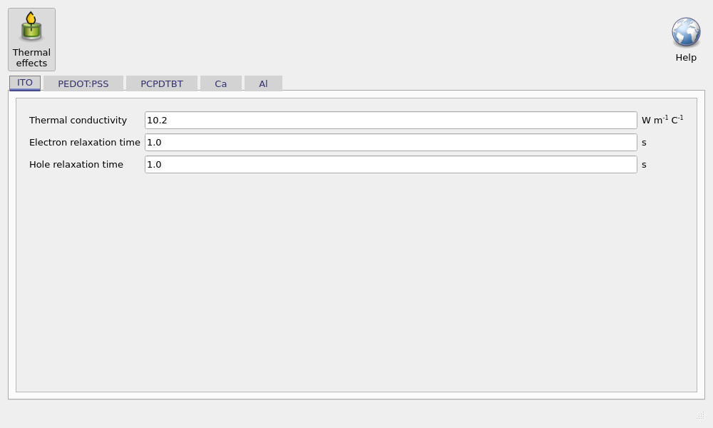 Thermal parameters editor showing thermal conductivity and carrier energy relaxation times per layer.