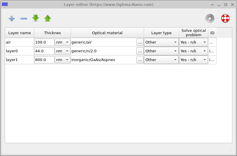 Layer editor showing air, anti-reflective coating, and GaAs substrate.