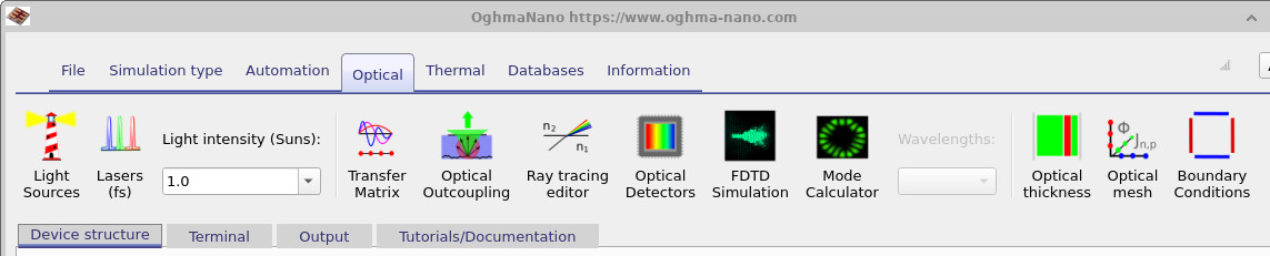 Optical ribbon showing transfer matrix controls and optical analysis tools.