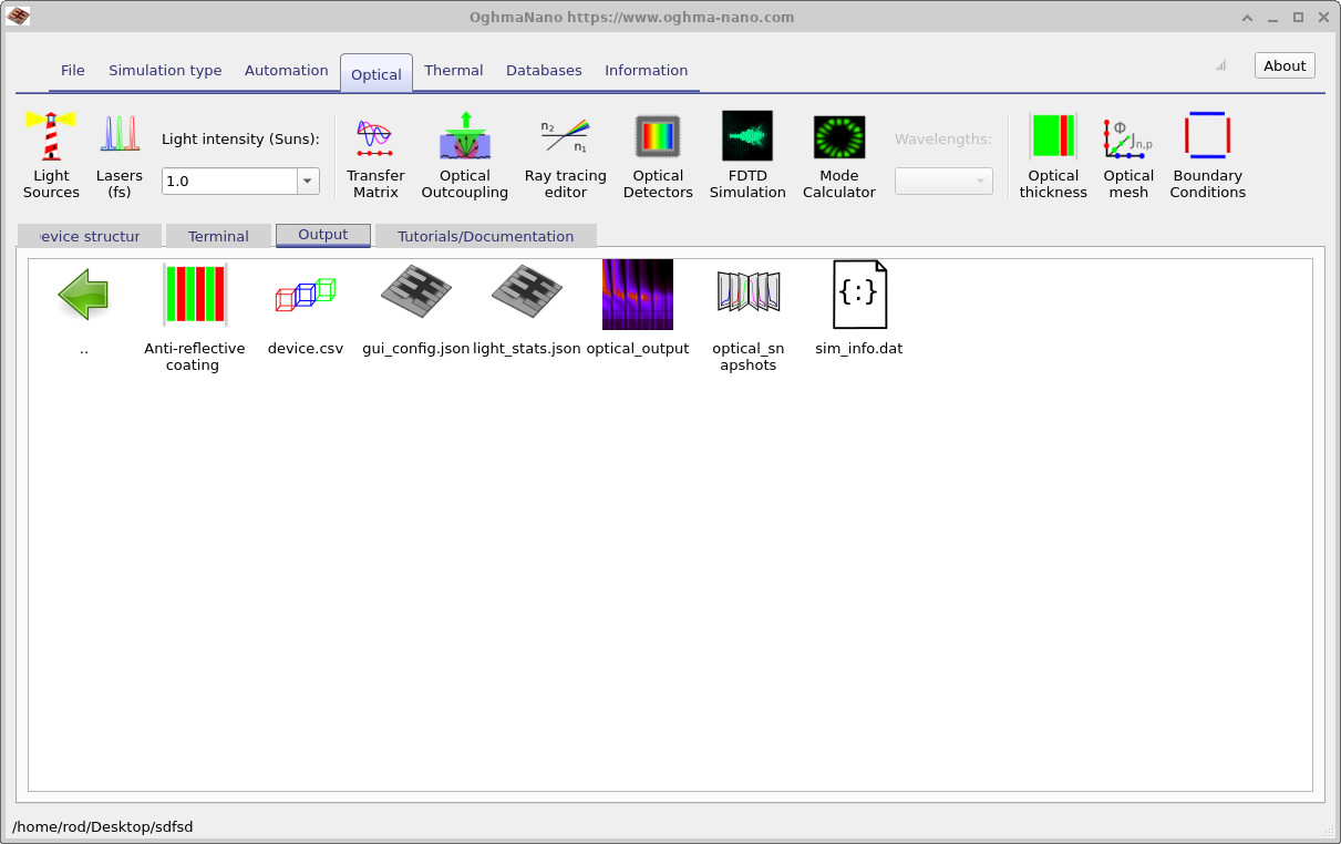 Output directory showing optical outputs and simulation snapshots.