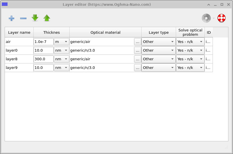 Layer editor after increasing the cavity thickness to 300 nm.
