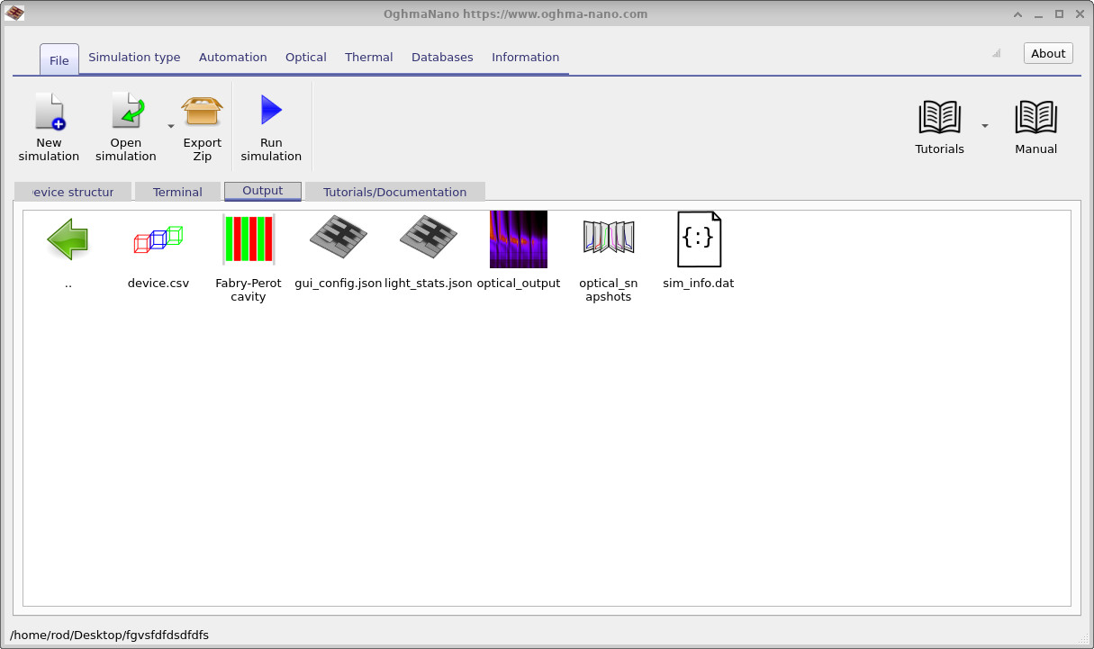 Output tab showing optical output files and snapshot directories.