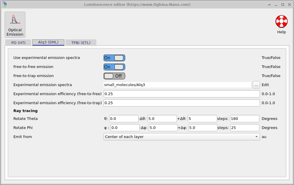 OLED optical emission configuration window.