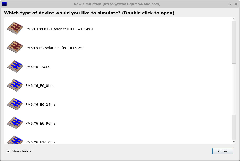 Organic photovoltaic example selection window.