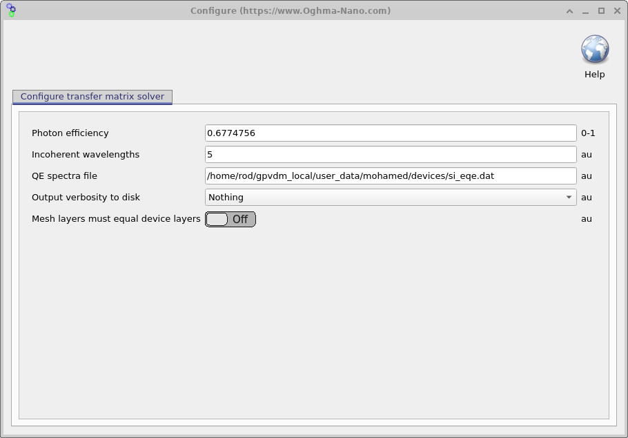 Transfer matrix configuration window showing the photon efficiency parameter.
