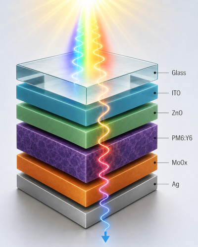 Illustration of an organic solar cell multilayer stack showing broadband light propagation through the device.