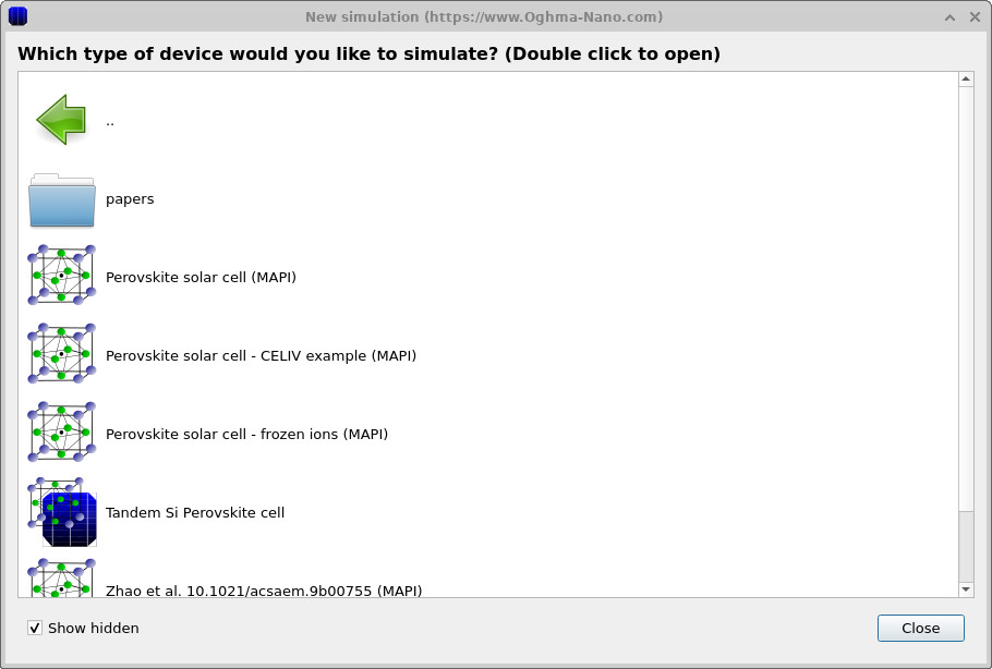 Perovskite solar cell example selection window.