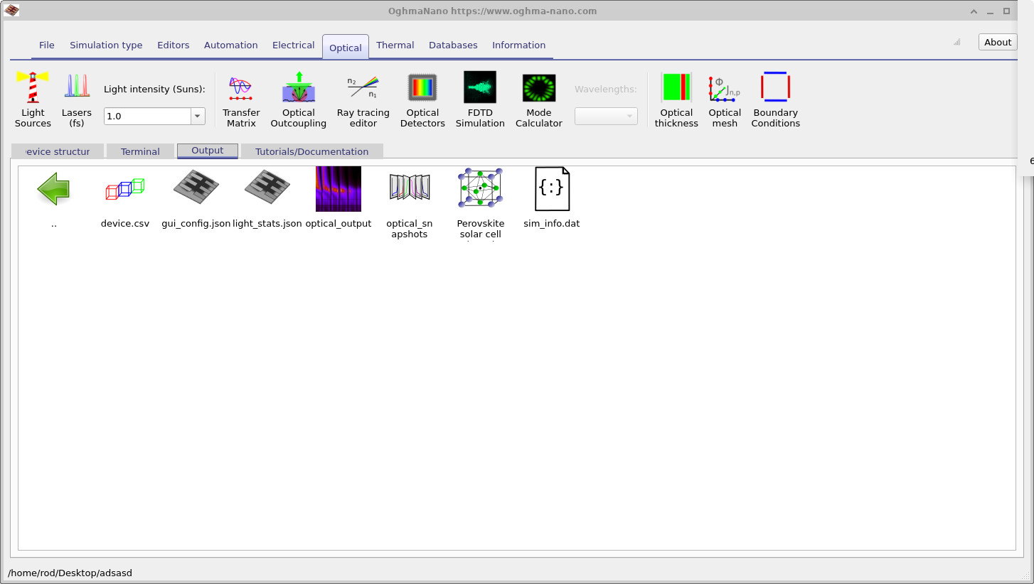 Output directory showing optical outputs and simulation data.