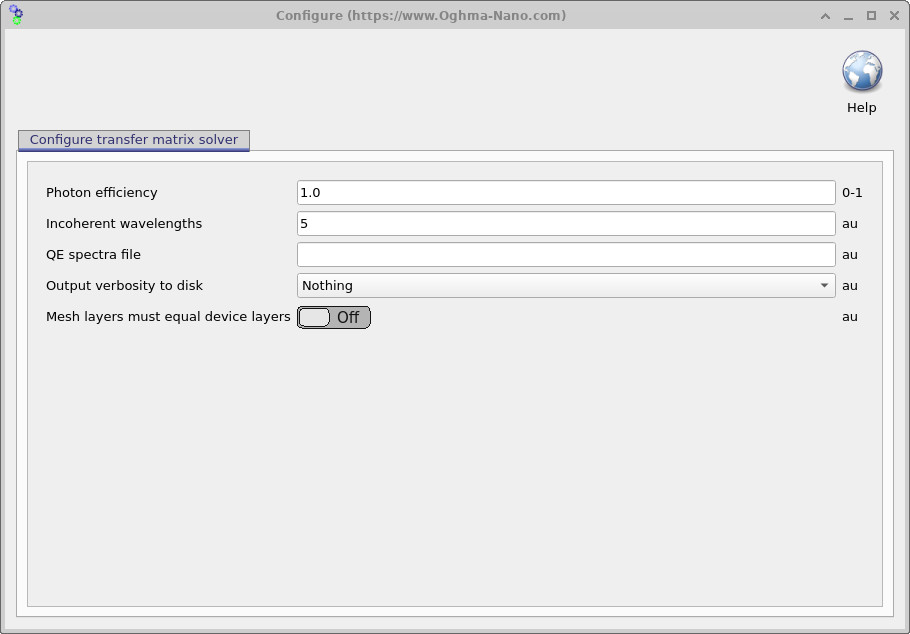 Transfer matrix configuration window showing the photon efficiency parameter.