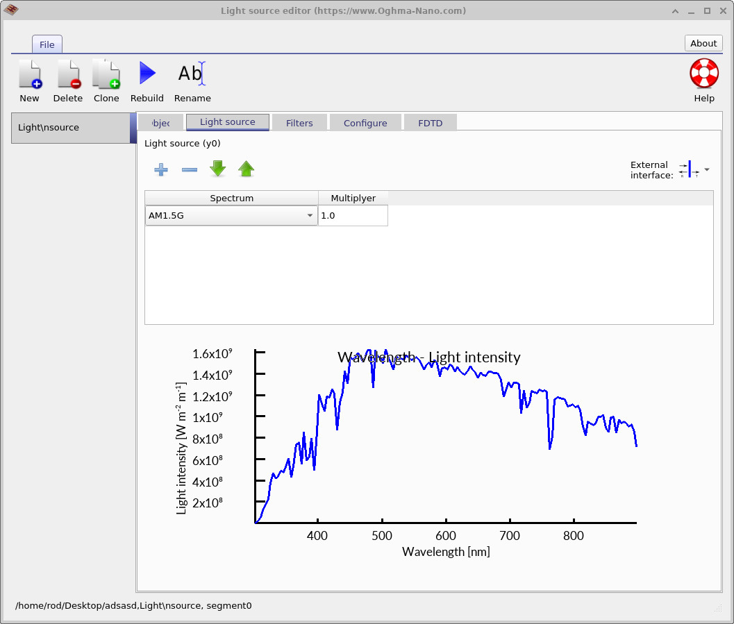 Light source editor showing the AM1.5G spectrum.