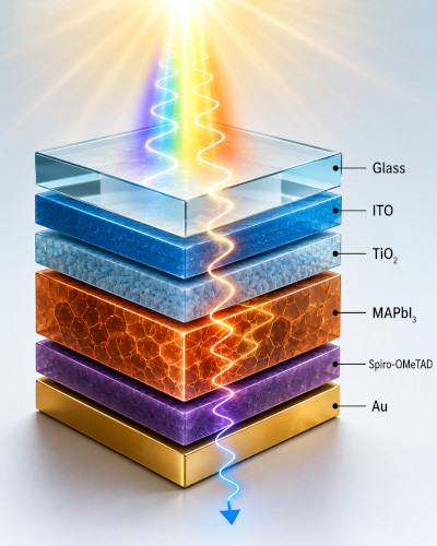 Illustration of a multilayer perovskite solar cell with broadband light incident on the device stack during an optical transfer matrix simulation.