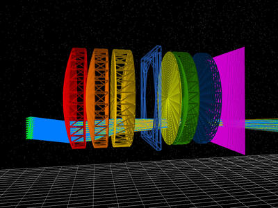 Multi-element optical lens system simulated using three-dimensional ray tracing